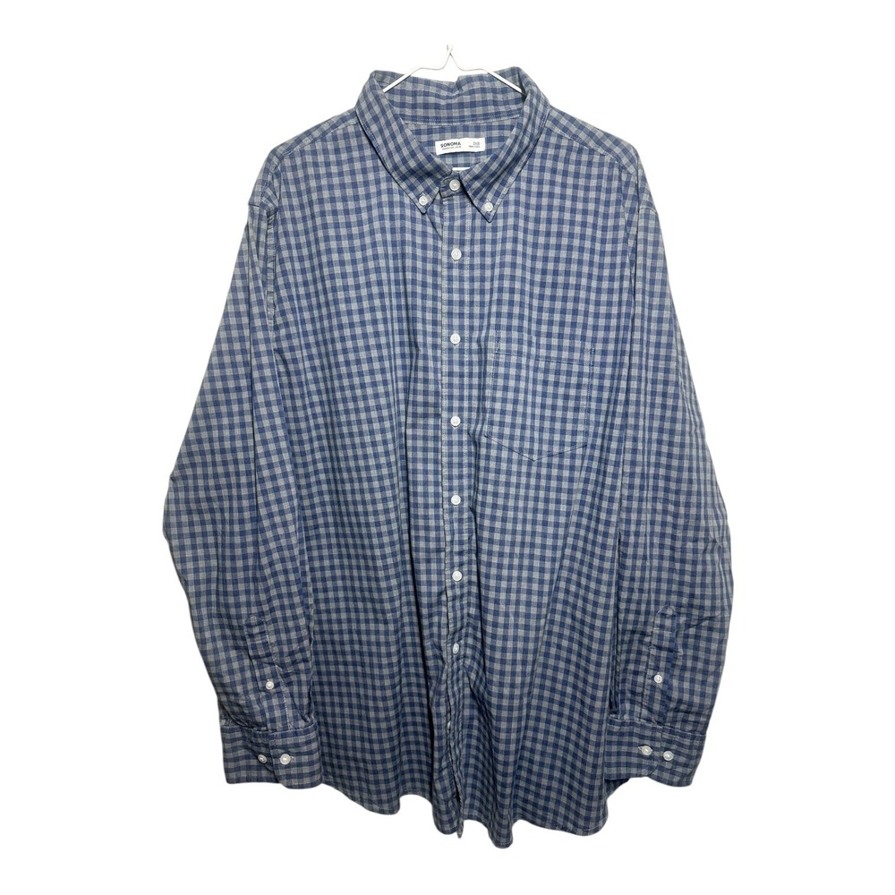 SONOMA Men's 2XB Blue Grey Gingham Button-Up Shirt Classic Fit
